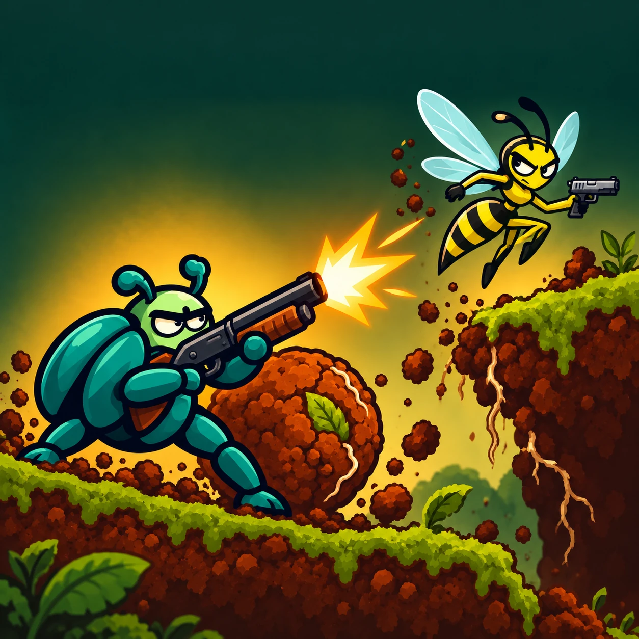 Illustration: the dung beetle fires a shotgun while the wasp dives in with a pistol.