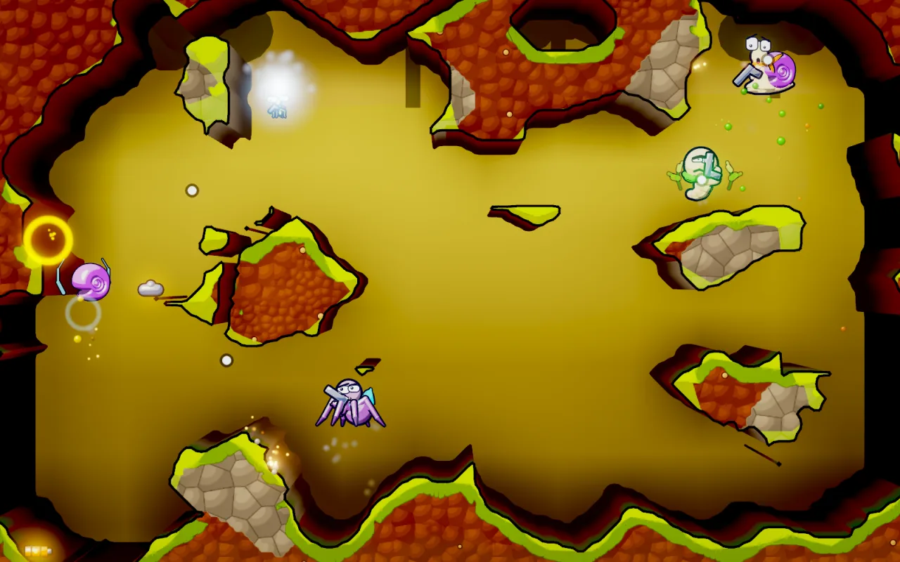 A cave in the meadow look, with grassy ledges and creatures mid-fight.