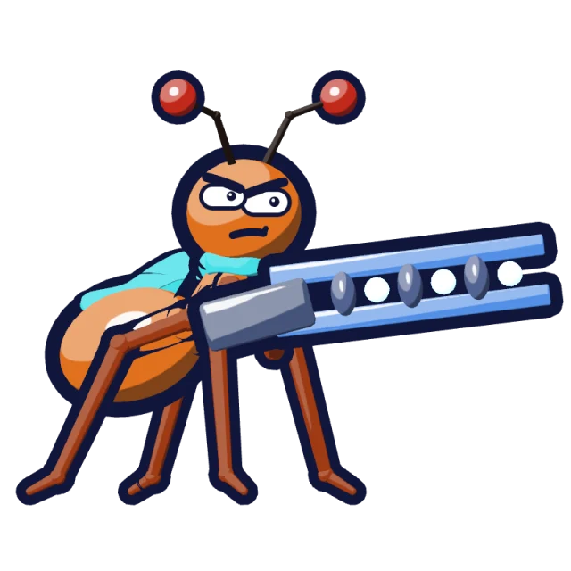 The ant as the game draws it: a copper ant with an aqua scarf and a railgun.