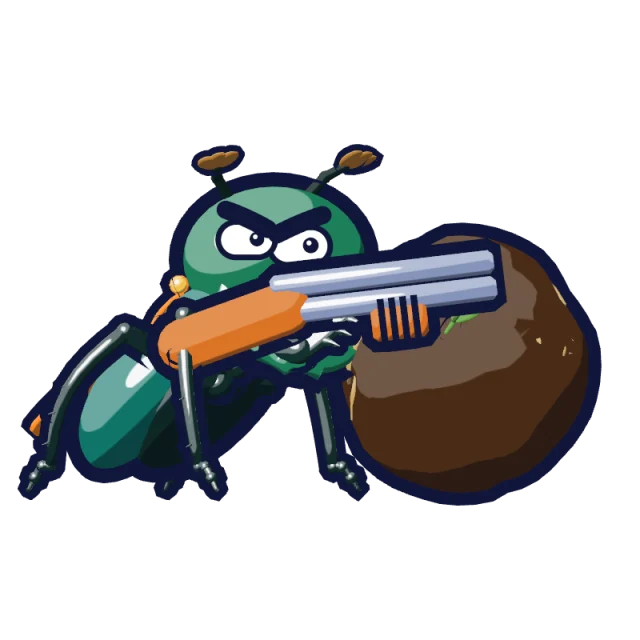 The dung beetle as the game draws it: a teal-green scarab with its dung ball and a shotgun.