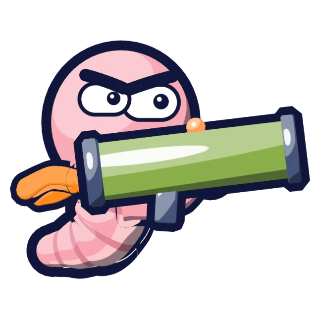 The earthworm as the game draws it: a pink worm with an orange scarf shouldering a bazooka.