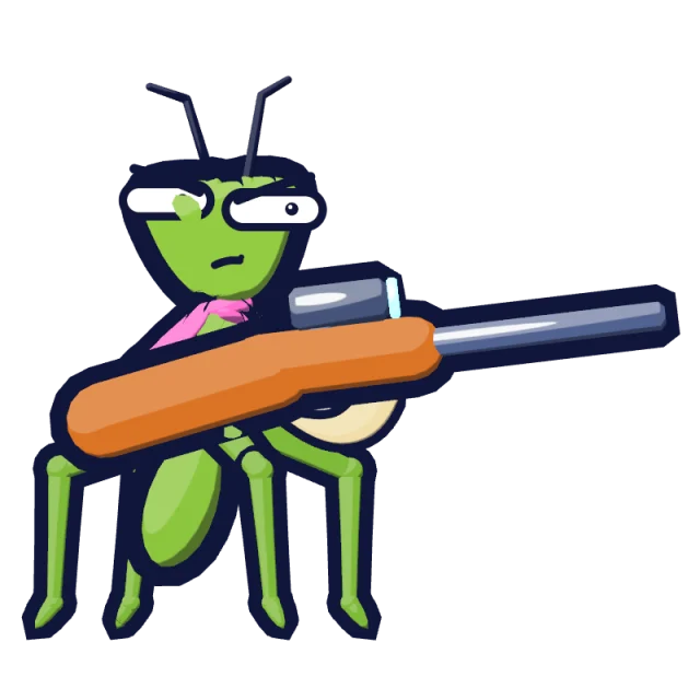 The mantis as the game draws it: green and lanky, in a pink cape, with a rifle.