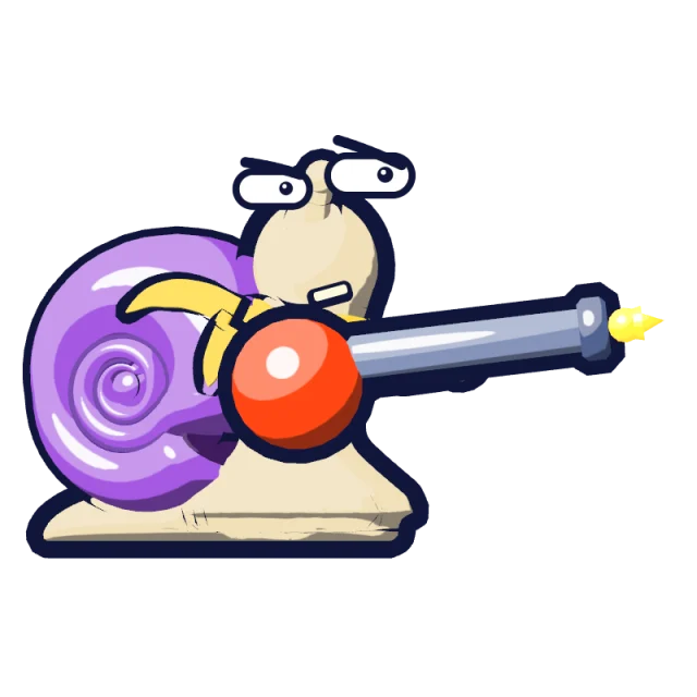The snail as the game draws it: peeking out of its purple spiral shell, a yellow scarf on, with a flamethrower.