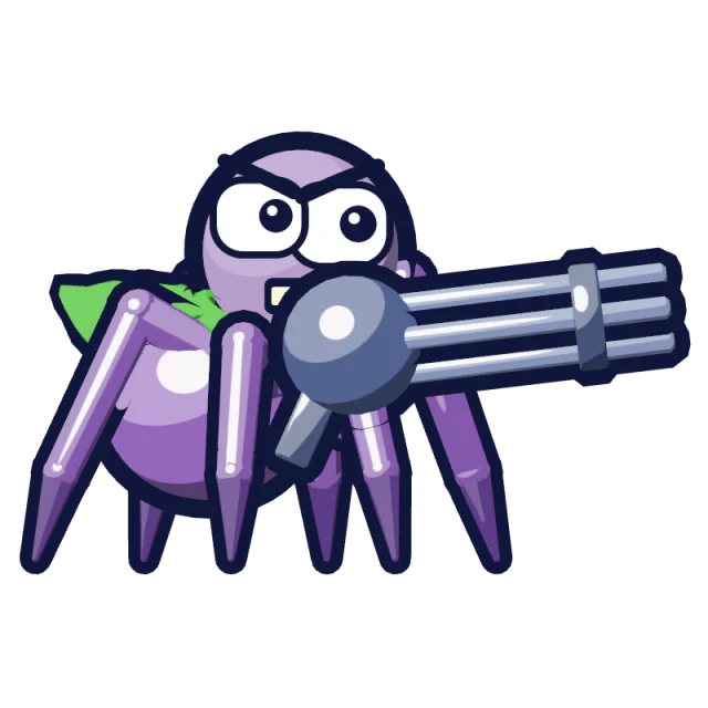 The spider as the game draws it: a violet spider in a green cape behind a minigun.