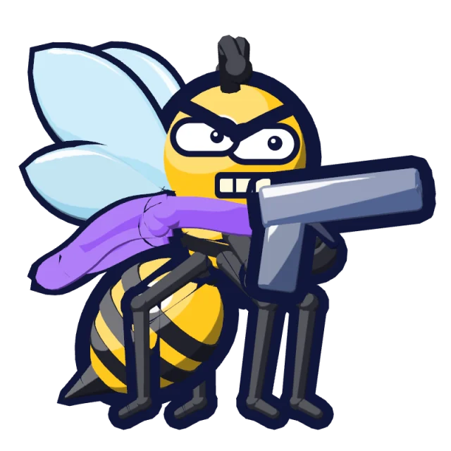 The wasp as the game draws it: striped yellow and black, a violet scarf on, with a pistol.