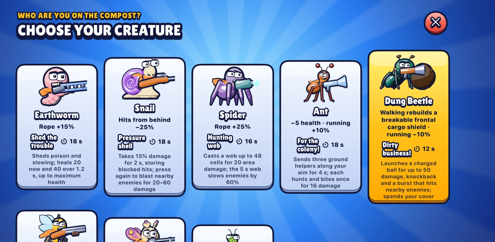 The creature picker: a card for every creature, each with its passive, its ability and its cooldown, the creature itself standing on the card with a weapon.