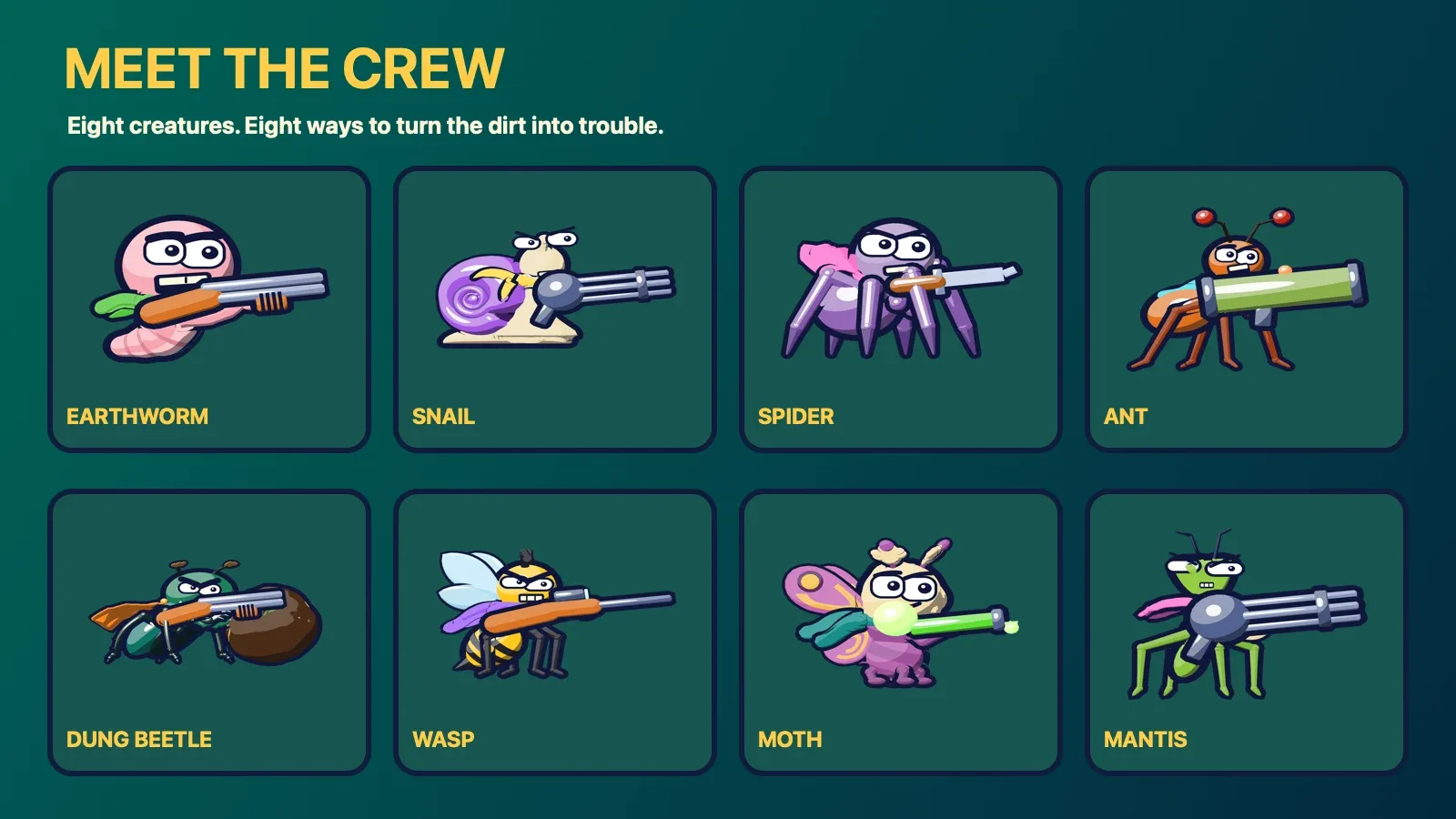 The eight Compost Mortem creatures, from Earthworm and Snail to Mantis, ready to fight in the compost arena.