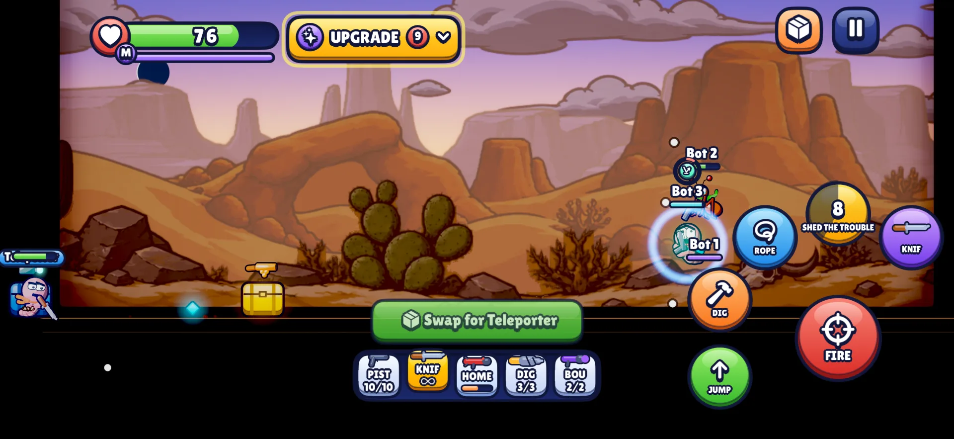 Live iPhone simulator screenshot showing an active Compost Mortem shield bubble around a bot during a match
